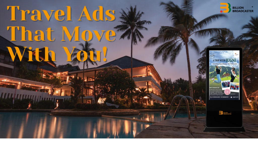 Travel advertisement displayed on a residential elevator screen with the tagline “Travel Ads That Move With You